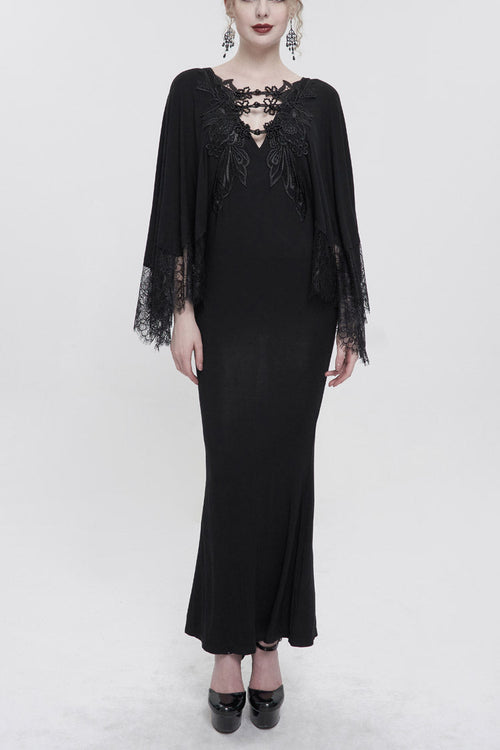 Black Deep V Neck Bat Sleeve Chest Appliqu Lace Bead Buckle Connection Small Fishtail Long Women's Gothic Dress