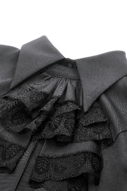 Black Point Lapel Collar Short Puff Sleeves Women's Gothic Blouse with Removable Rosette Cravat