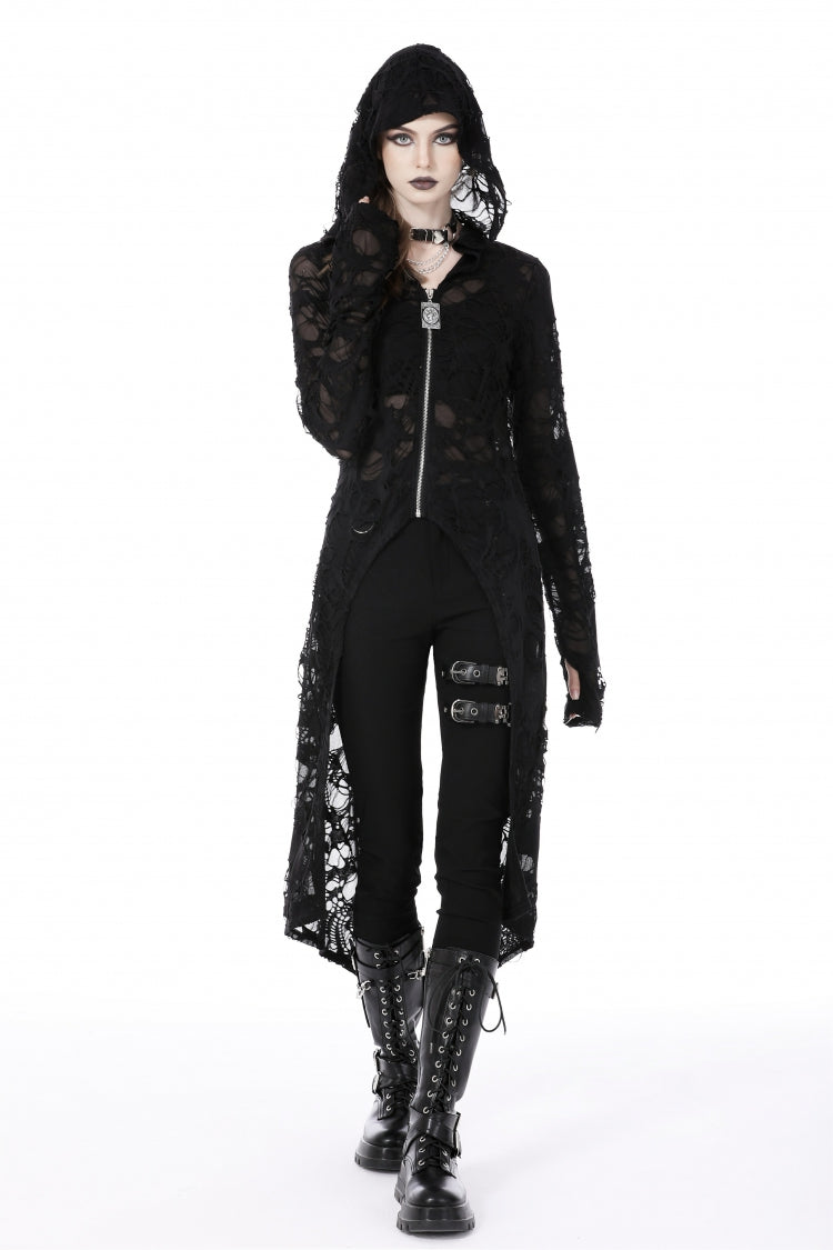 Black Long Sleeves Split Ripped Zippered Women's Punk Long Coat with Hood