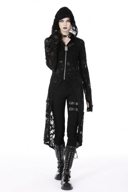 Black Long Sleeves Split Ripped Zippered Women's Punk Long Coat with Hood