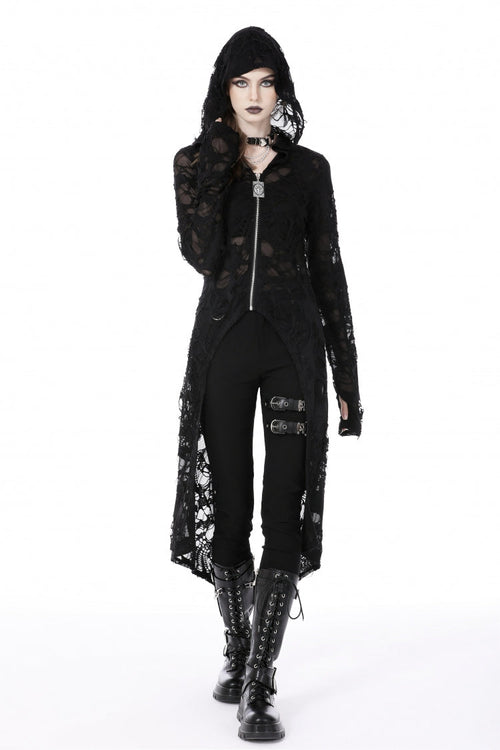 Black Long Sleeves Split Ripped Zippered Women's Punk Long Coat with Hood