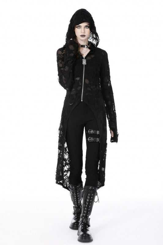 Black Long Sleeves Split Ripped Zippered Women's Punk Long Coat with Hood