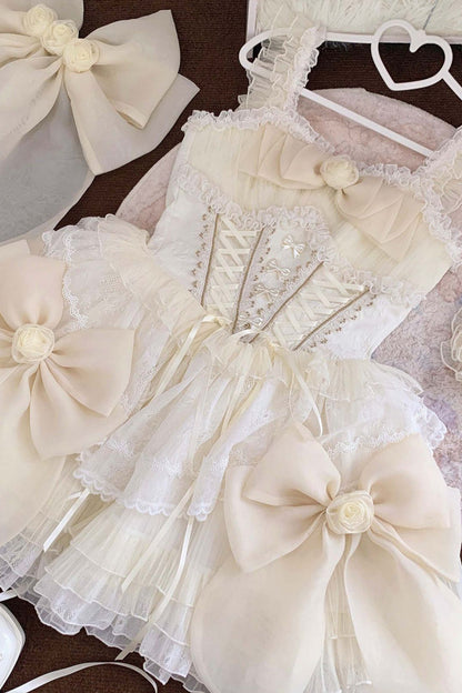 Beige Multi-layer Ruffle Hanayome Bowknot Lace-Up Sweet Princess Lolita Jsk Dress