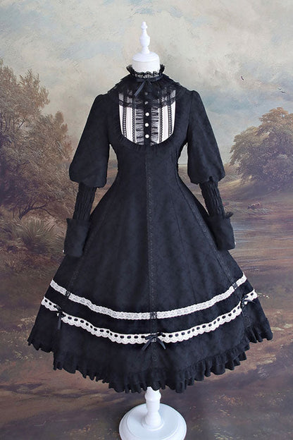 Black Cross Dark Church Elegant Lace Long Sleeves Ruffled Classic Lolita OP Dress