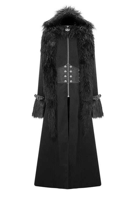Black Double Sided Woollen Hooded Punk Mens Long Coat