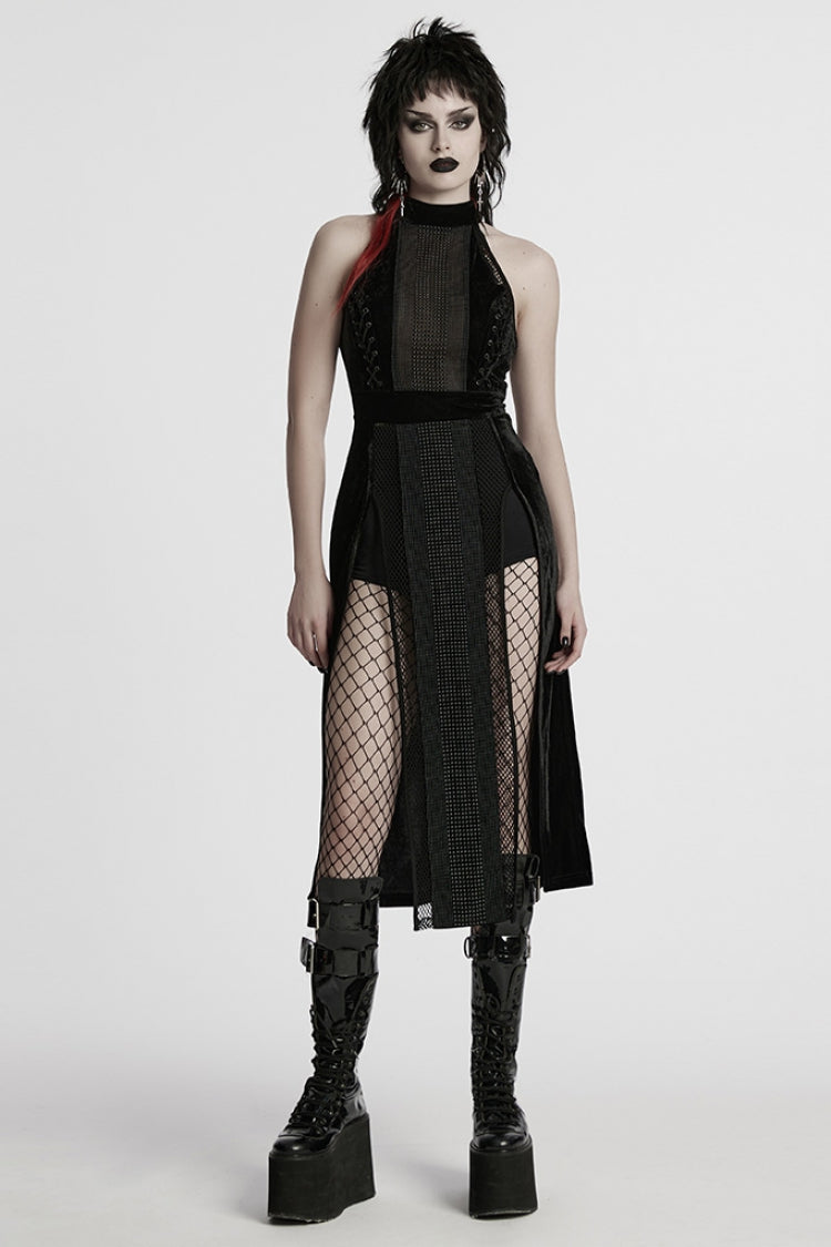 Black Halterneck Sleeveless Stitching Mesh Women's Gothic Dress