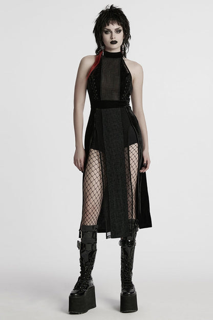 Black Halterneck Sleeveless Stitching Mesh Women's Gothic Dress