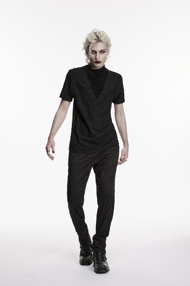 Black High Collar Short Sleeves Spliced Pleated Men's Gothic Shirt