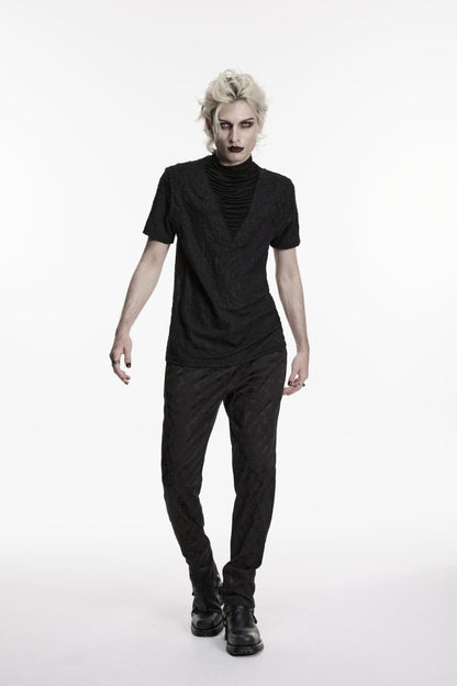 Black High Collar Short Sleeves Spliced Pleated Men's Gothic Shirt