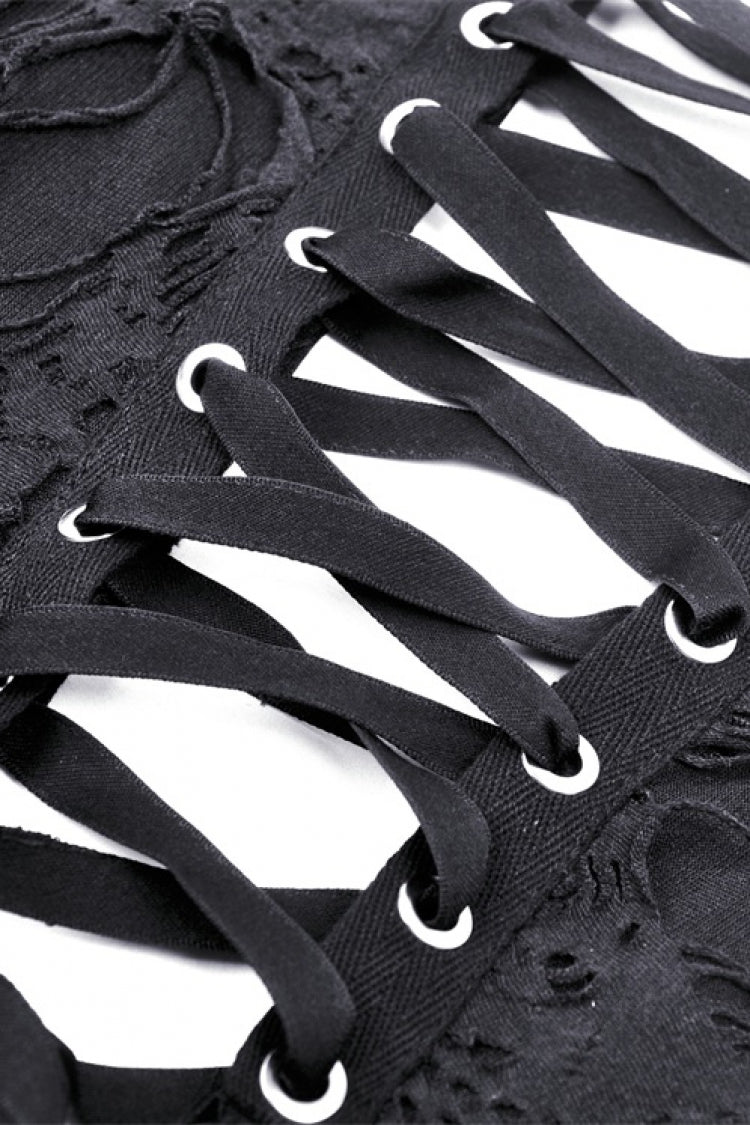 Black Lace-Up Ripped Women's Punk Split Long Skirt