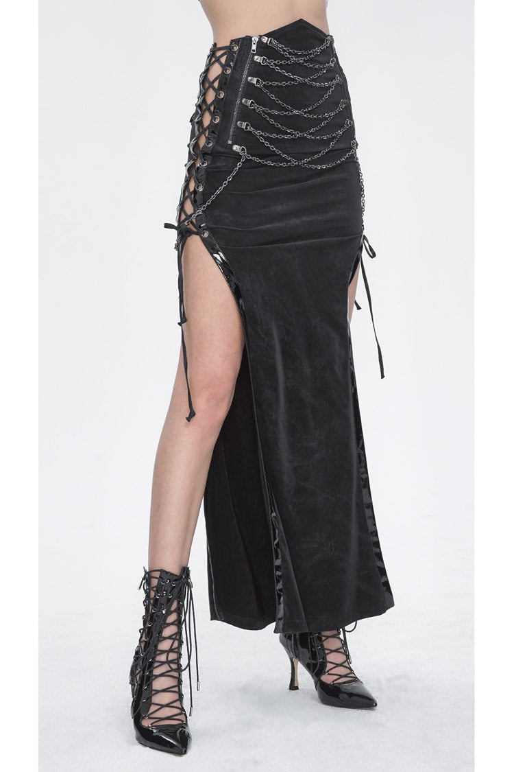 Black High Waisted Side Slit Slim Women's Steampunk Skirt