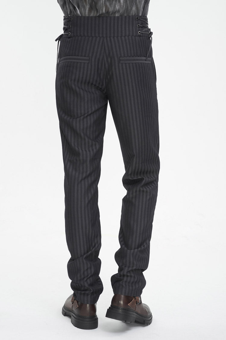 Black High Waisted Lace-Up Striped Men's Gothic Pants