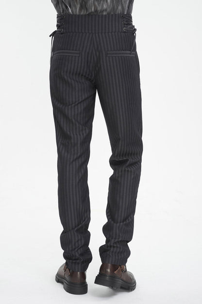 Black High Waisted Lace-Up Striped Men's Gothic Pants