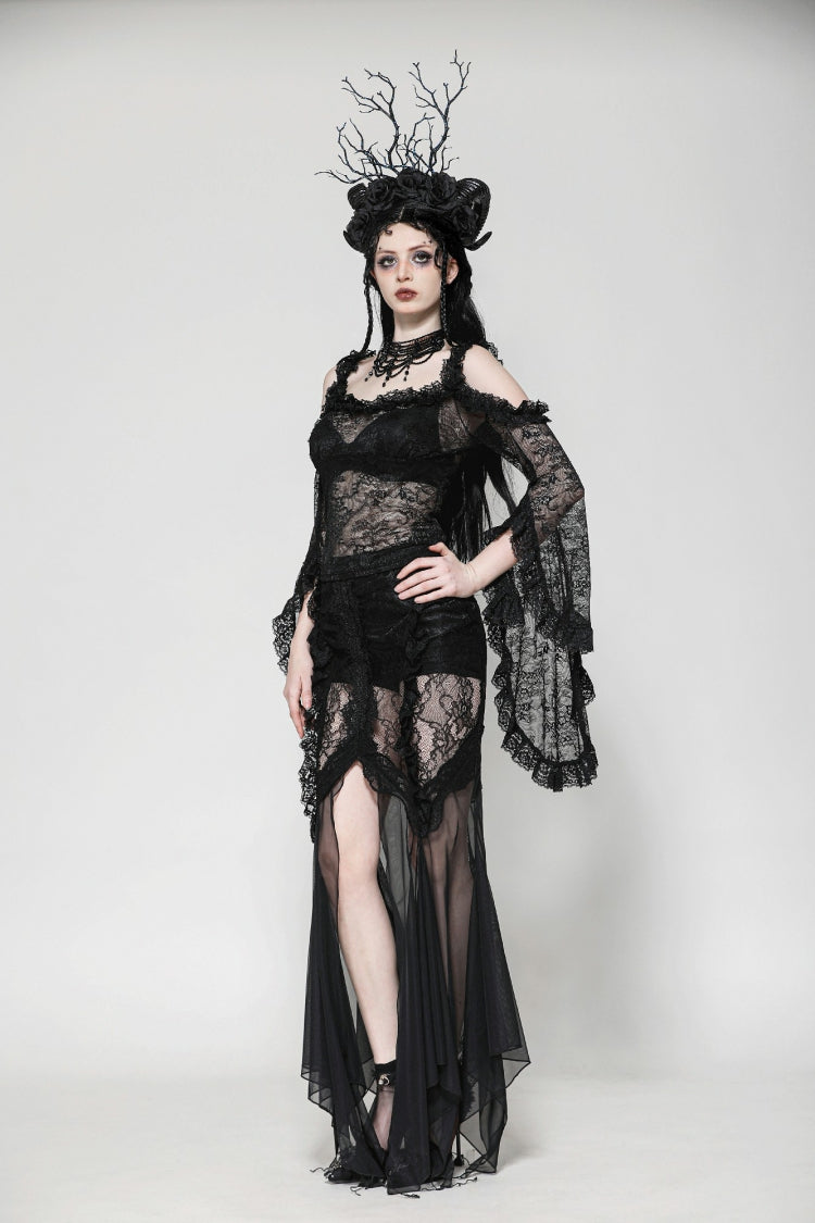 Black Off Shoulder Long Flare Sleeves Lace Women's Gothic Romantic Top