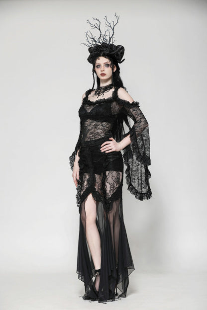 Black Off Shoulder Long Flare Sleeves Lace Women's Gothic Romantic Top