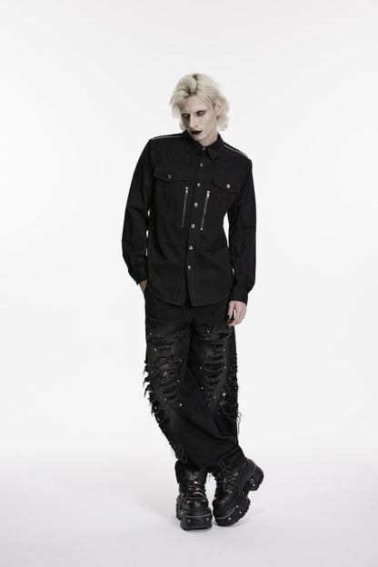 Black Lapel Collar Long Sleeves Zippered Men's Punk Cool Shirt