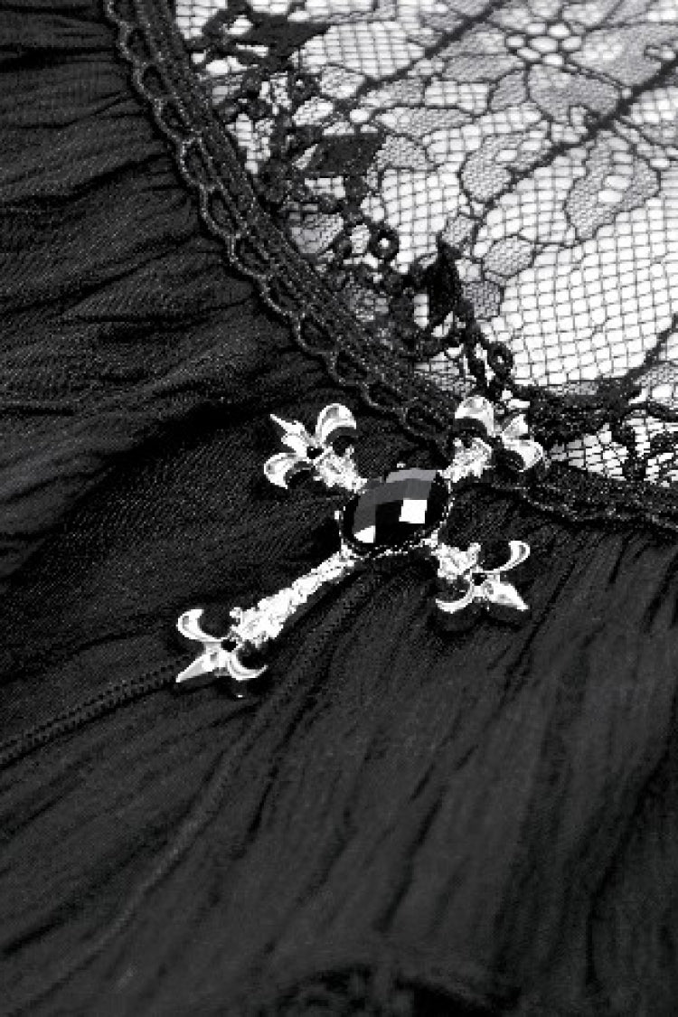 Black Lace Short Sleeves Cross Ruffled Women's Gothic Graduation Dress