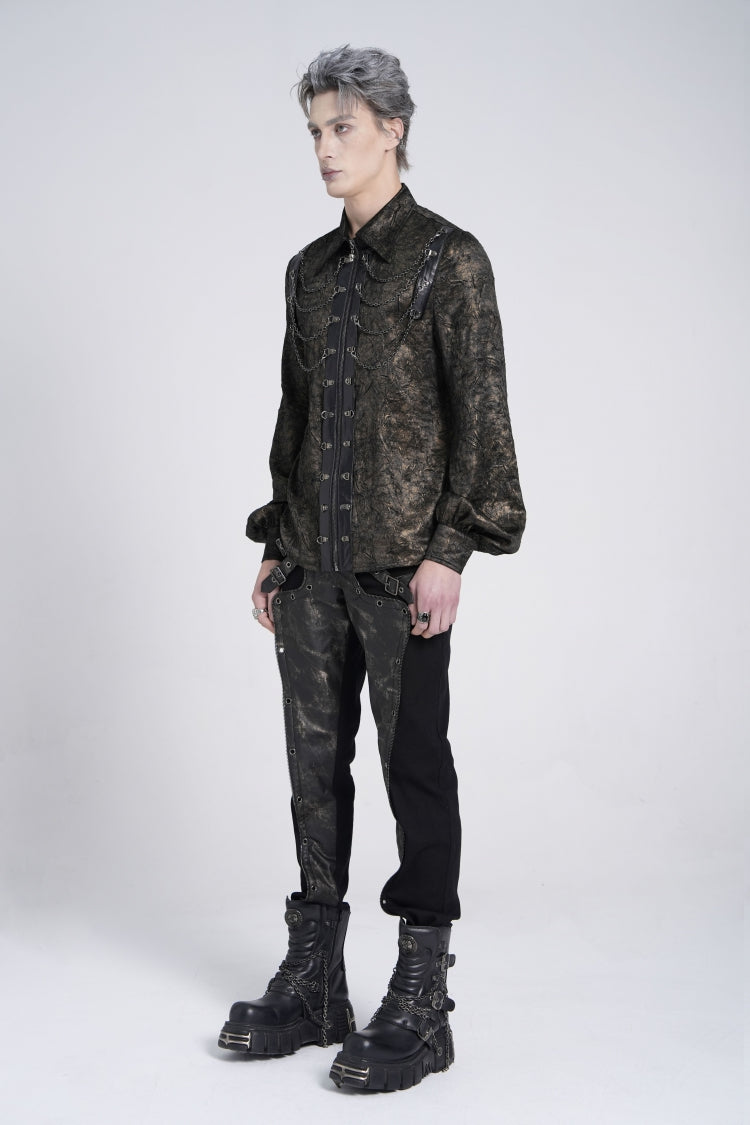 Black Lapel Collar Long Puff Sleeves Faux Leather Stitching Men's Gothic Blouse with Chain