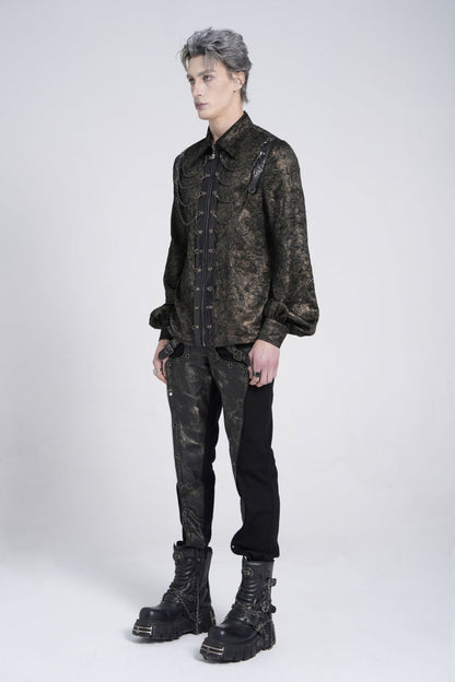 Black Lapel Collar Long Puff Sleeves Faux Leather Stitching Men's Gothic Blouse with Chain