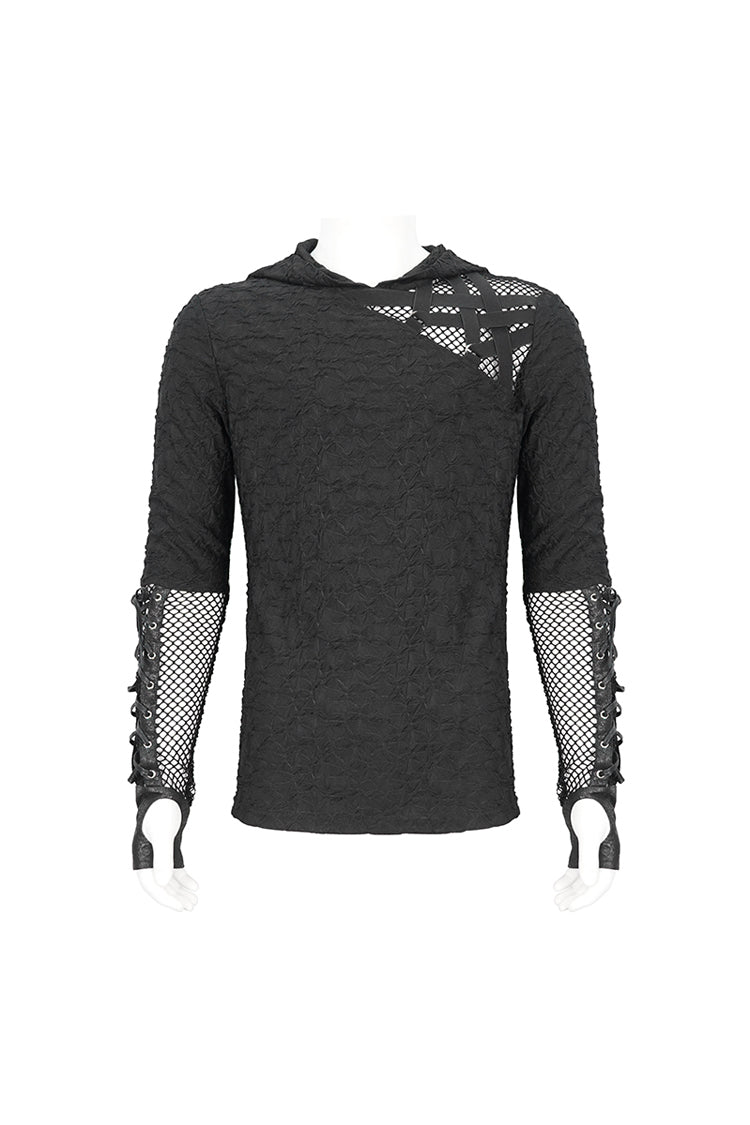 Black Lace Up Mesh Splice Long Sleeve Men's Punk Hoodies