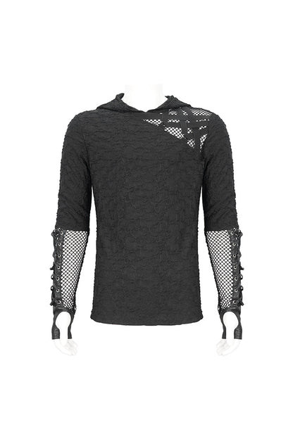 Black Lace Up Mesh Splice Long Sleeve Men's Punk Hoodies