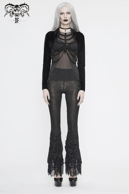 Black Front Beads Chain Decoration Velvet Frill Shawl Mesh Women's Gothic T-Shirt