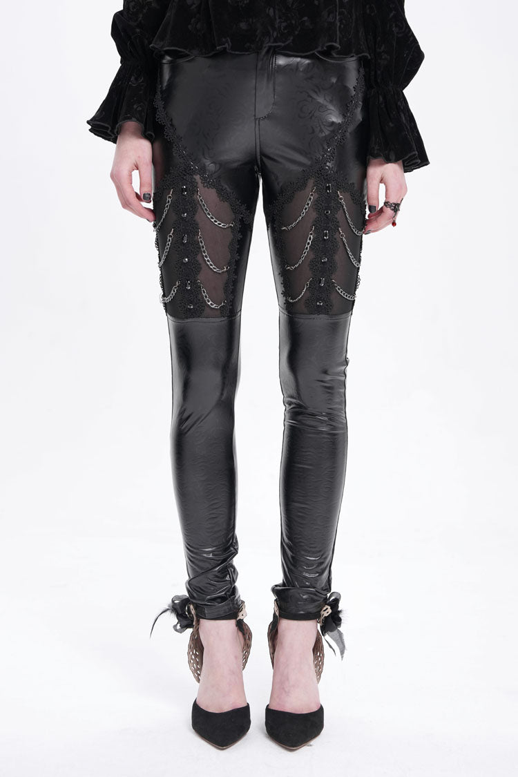 Black Chain Faux Leather Stitching Lace Women's Gothic Pants
