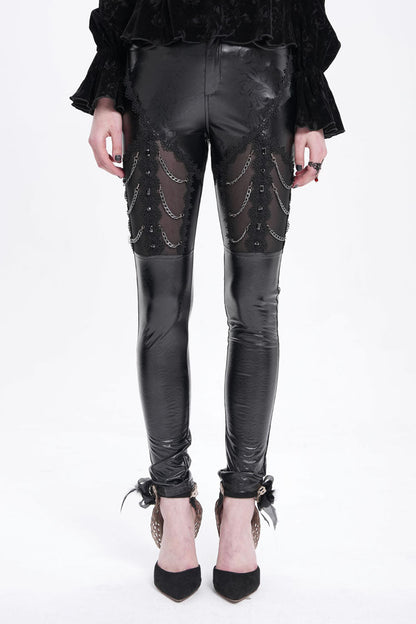 Black Chain Faux Leather Stitching Lace Women's Gothic Pants