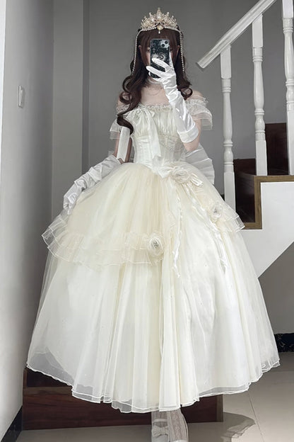 Apricot [Bright Stars] Off Shoulder Ruffle Bowknot Asymmetric Sweet Elegant Princess Lolita Dress