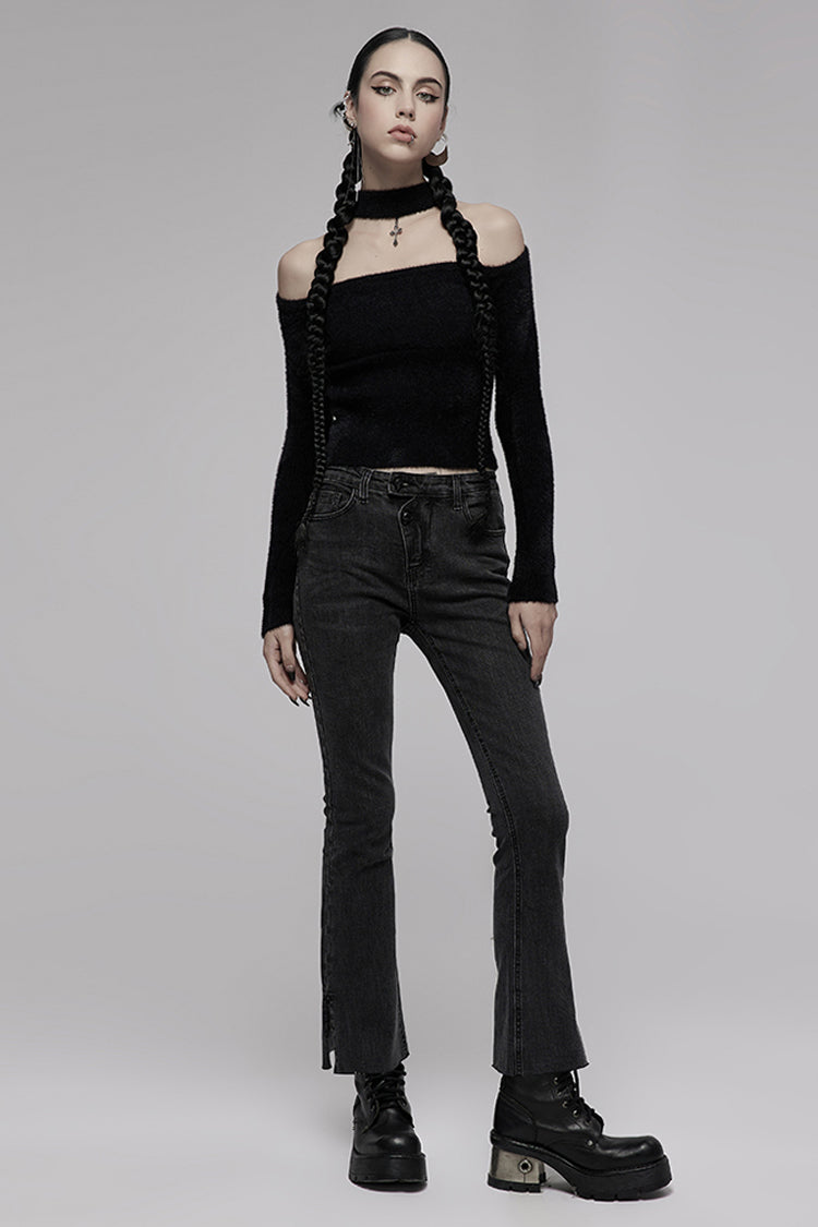 Black Knitted Tight Hollow-Carved Design Metal Cross Decoration Long Sleeve Women's Punk Top
