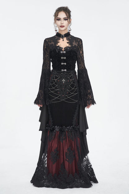 Black Long Trumpet Sleeves Stitching Lace Women's Gothic Blouse