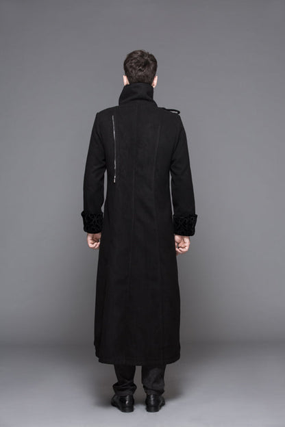 Black Detachable One Sided Shawl Double Sided Woollen Thick Mens Punk Long Coat