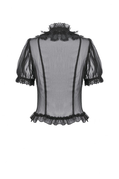 Black Multi-Layered Ruffled Lace Short Puff Sleeves Sheer Women's Courtly Gothic Blouse