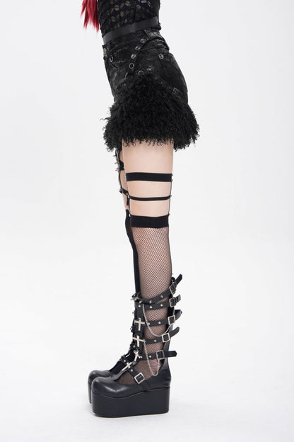 Black Plush Stitching Buckle Straps Women's Punk Shorts