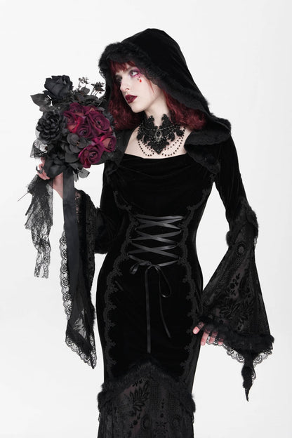 Black Long Trumpet Sleeves Embroidery Stitching Lace Hooded Mesh Women's Gothic Dress