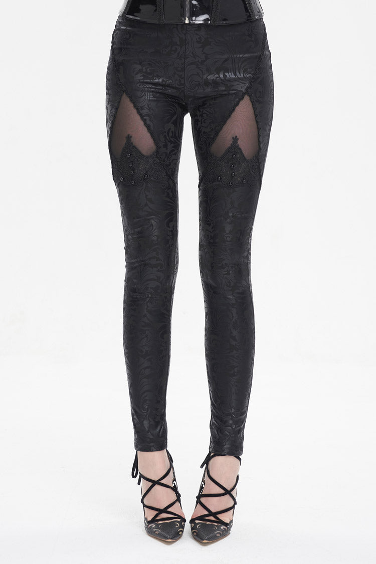 Black Floral Embroidered Mesh Splice Women's Gothic Leggings