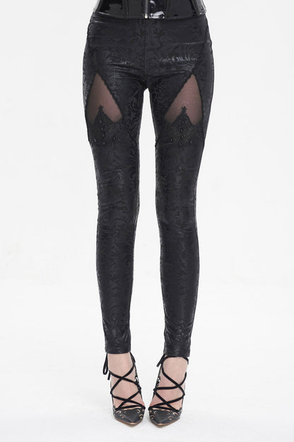 Black Floral Embroidered Mesh Splice Women's Gothic Leggings