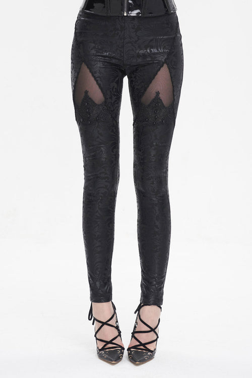 Black Floral Embroidered Mesh Splice Women's Gothic Leggings