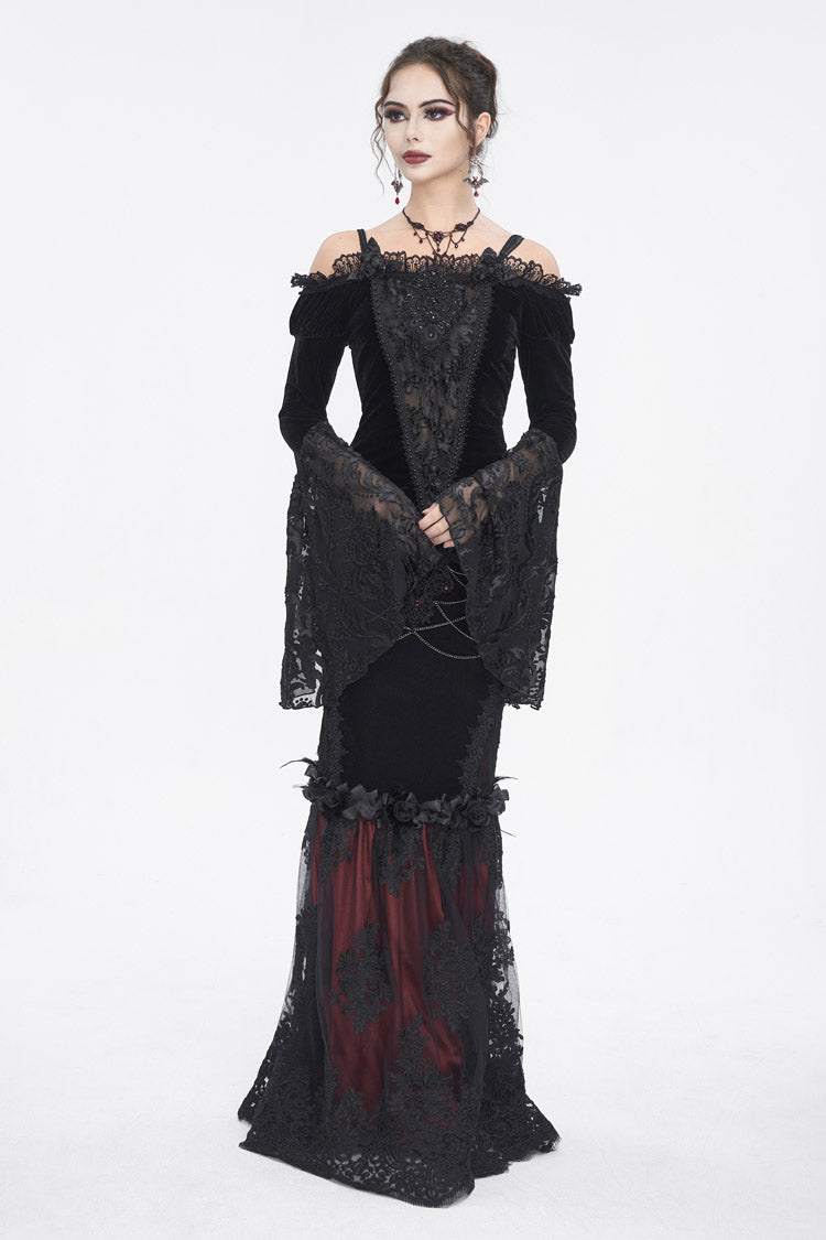 Black Off Shoulder Trumpet Sleeves Embroidery Lace Women's Gothic Blouse