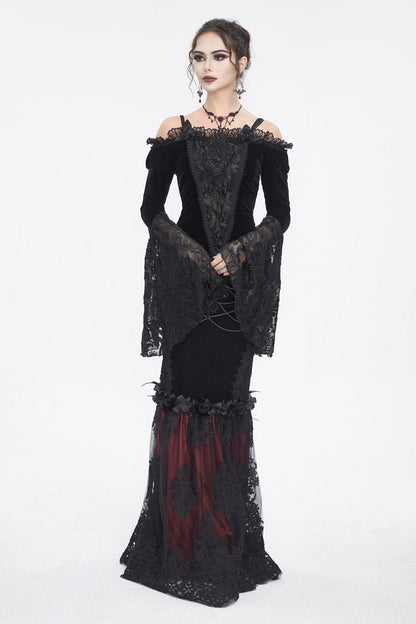 Black Off Shoulder Trumpet Sleeves Embroidery Lace Women's Gothic Blouse