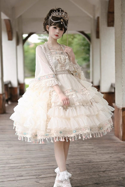 Apricot [Miao Girl] Multi-Layered Ruffle Bowknot Sweet Princess Lolita Chiffon Skirt Set