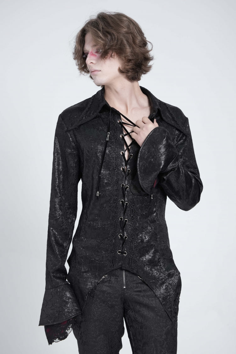 Black Long Trumpet Sleeves Lace-Up Men's Gothic Swallow-tailed Blouse