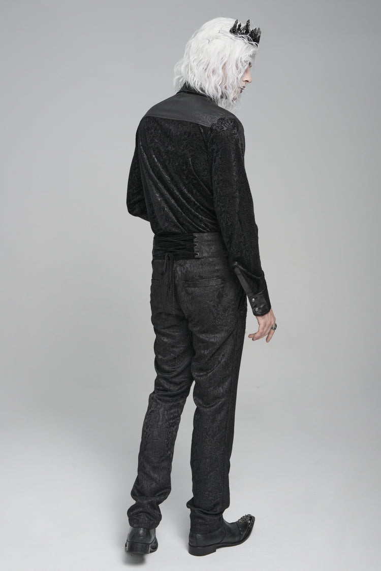 Black Lapel Collar Long Sleeves Print Embroidery Lace-Up Men's Gothic Blouse
