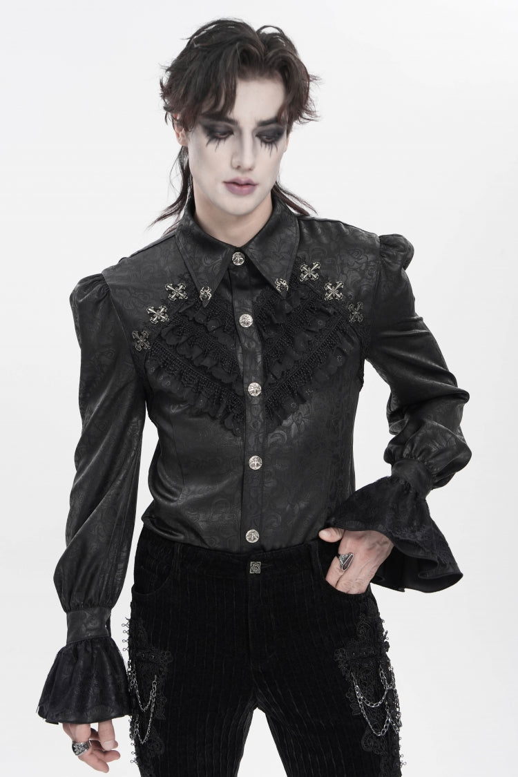 Black Cross Spider Turn-down Collar Long Trumpet Sleeves Printed Lace Men's Gothic Shirt
