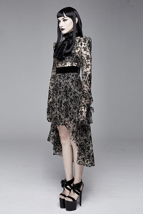 Apricot See Through Printed Long Sleeves Velvet Belted Womens Gothic Dress With Tie