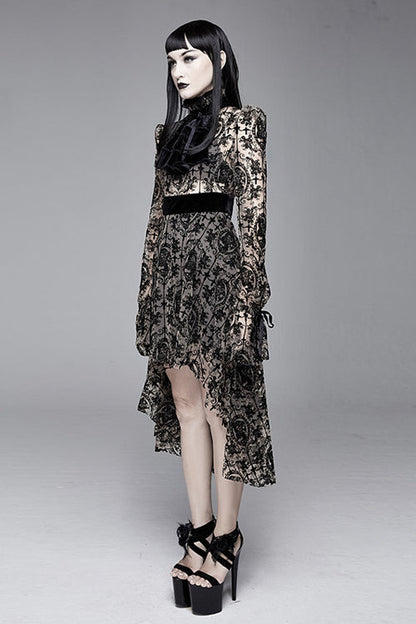 Apricot See Through Printed Long Sleeves Velvet Belted Womens Gothic Dress With Tie