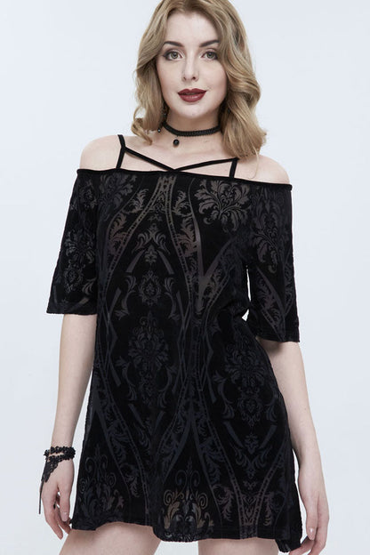 Black Print Front Long Back Side Slit Off The Shoulder Women's Punk Dress