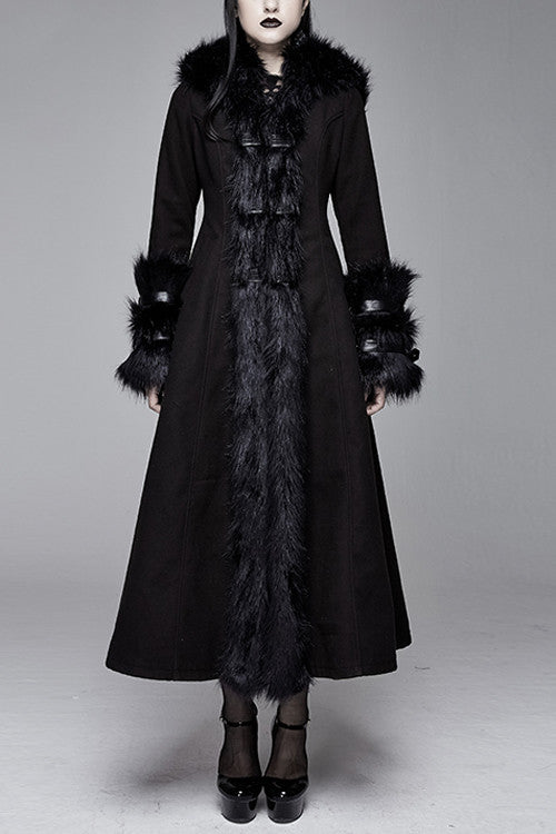 Black Gothic Double Faced Woolen Hooded Long Sexy Women Coat