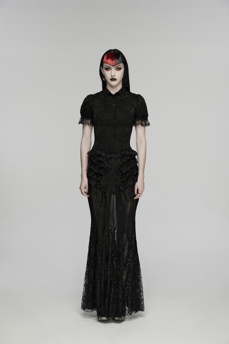 Black Lapel Collar Short Puff Sleeves Cut-Out Lace Lace-Up Slim Women's Gothic Blouse
