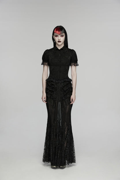 Black Lapel Collar Short Puff Sleeves Cut-Out Lace Lace-Up Slim Women's Gothic Blouse